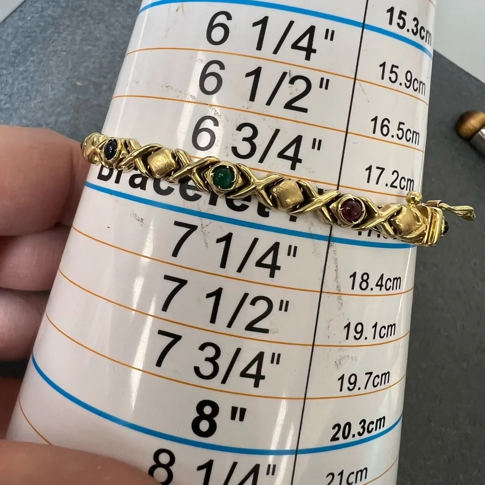 14K Gold Bracelet with Sapphires, Rubies and Emerald Cabochon Accents
